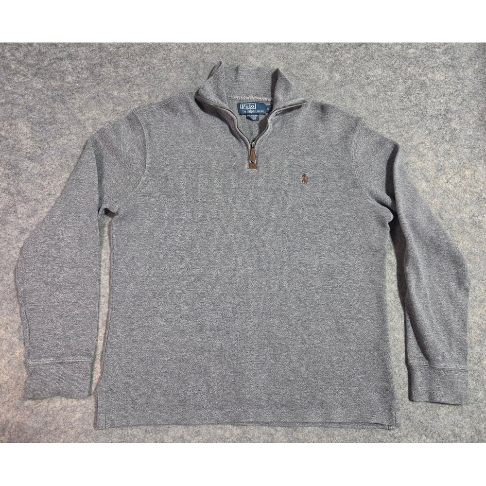 Polo Ralph Lauren Mens Small Grey 1/4 Zip Cotton Pullover Sweater Brown Pony Vtg